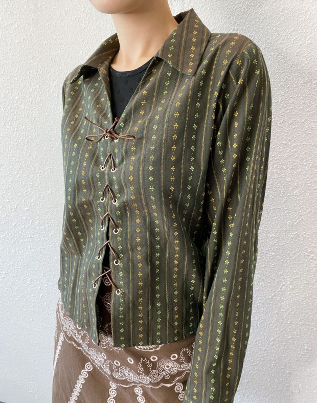 Green Patterned Lace Up Shirt #250410